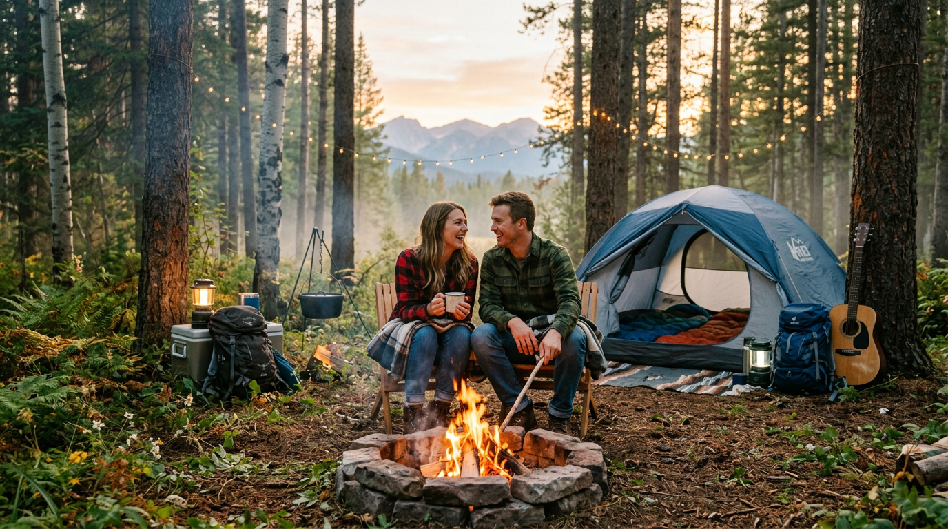 Couple camping in forest scene